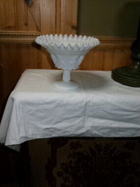 Westmorland 8in pedestal paneled grape milk glass compote fruit bowl